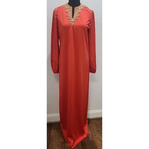 Vintage Embroidered Beaded Red & Gold Dress Gown by Jeannene Booher 80's Elegant - Picture 2 of 13